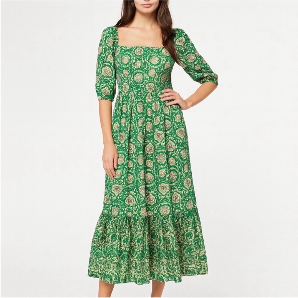 House Of Harlow Midi Dress Floral Designer Smocked Cotton Emerald Green Size Xs
